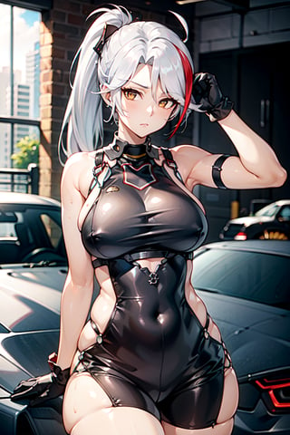 A steamy industrial garage setting: Prinz Eugen(azur lane), a fierce mechanic, stands amidst the machinery, tying her silver locks back in a ponytail as she gazes at the sleek racing car awaiting repair. Her pose showcases her toned armpits, glistening with sweat amidst the humid air. The camera captures her from the waist up, framing her baggy leather black dungarees, replete with pockets stocked with tools, and mechanic gloves. The dungaree's loose fit allows glimpses of her curvaceous physique, inviting the viewer to admire her beauty beneath the grime.