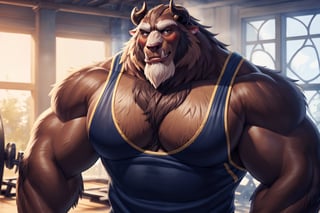 big chest, Navy blue tank tops mens, Navy blue and yellow color gym clothes, yellow pans gym whit a blue line, big body, big size muscles, huge pecs, large body, flexing his arm, At a gym, full body, hard blush, white fur, dark fur, red fur, indoors, (smirk), horns, full body, wolf legs, (by adios, by null-ghost), (photorealistic, hyper realistic, ultra detailed, ultra detailed background octane render, soft lighting, ultra detailed), best quality, good quality, beast (/disney/), soft lighting, ultra detailed), best quality, good quality, beast (/disney/),anthro,furry,photography, 8k, hi res,furry girl