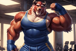 big chest, Navy blue tank tops mens, Navy blue and yellow color gym clothes, yellow gym pants whit a blue line, black gym gloves, big body, big size muscles, huge pecs, large body, flexing his arm, At a gym, full body, hard blush, white fur, dark fur, red fur, indoors, (friendly smile), horns, full body, wolf legs, (by adios, by null-ghost), (photorealistic, hyper realistic, ultra detailed, ultra detailed background octane render, soft lighting, ultra detailed), best quality, good quality, beast (/disney/), soft lighting, ultra detailed), best quality, good quality, beast (/disney/),anthro,furry,photography, 8k, hi res,furry girl