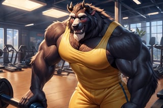 big chest, Navy blue tank tops mens, Navy blue and yellow color gym clothes, yellow gym pants whit a blue line, black gym gloves, big body, big size muscles, huge pecs, large body, flexing his arm, At a gym, full body, hard blush, white fur, dark fur, dark red fur, indoors, (friendly smile), horns, full body, wolf legs, (by adios, by null-ghost), (photorealistic, hyper realistic, ultra detailed, ultra detailed background octane render, soft lighting, ultra detailed), best quality, good quality, beast (/disney/), soft lighting, ultra detailed), best quality, good quality, beast (/disney/),anthro,furry,photography, 8k, hi res,furry girl