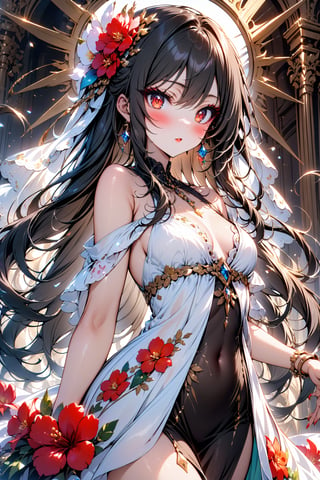 masterpiece, best quality, 1girl, red eyes , long hair, black_hair, red eyeshadow, makeup, thick eyelashes, blush, heavy makeup, glam, red_lipstick, cute, pretty face, heavy eyeliner, more eyeshadow, bright_pupils, Plunging_neckline, dress, sun dress, flowing dress, flower print, sun_dress, titty_buds, flat_chested, off_shoulder, long_dress, exposed_navel, exposed_midriff, bare_midriff