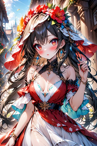 masterpiece, best quality, 1girl, red eyes , long hair, black_hair, red eyeshadow, makeup, thick eyelashes, blush, heavy makeup, glam, red_lipstick, cute, pretty face, heavy eyeliner, more eyeshadow, bright_pupils, Plunging_neckline, dress, sun dress, flowing dress, flower print, sun_dress, titty_buds, flat_chested, off_shoulder, long_dress