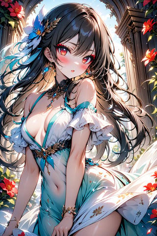 masterpiece, best quality, 1girl, red eyes , long hair, black_hair, red eyeshadow, makeup, thick eyelashes, blush, heavy makeup, glam, red_lipstick, cute, pretty face, heavy eyeliner, more eyeshadow, bright_pupils, Plunging_neckline, dress, sun dress, flowing dress, flower print, sun_dress, titty_buds, flat_chested, off_shoulder, long_dress
