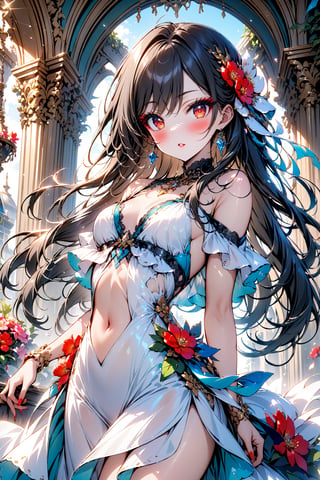 masterpiece, best quality, 1girl, red eyes , long hair, black_hair, red eyeshadow, makeup, thick eyelashes, blush, heavy makeup, glam, red_lipstick, cute, pretty face, heavy eyeliner, more eyeshadow, bright_pupils, Plunging_neckline, dress, sun dress, flowing dress, flower print, sun_dress, titty_buds, flat_chested, off_shoulder, long_dress, exposed_navel, exposed_midriff, bare_midriff