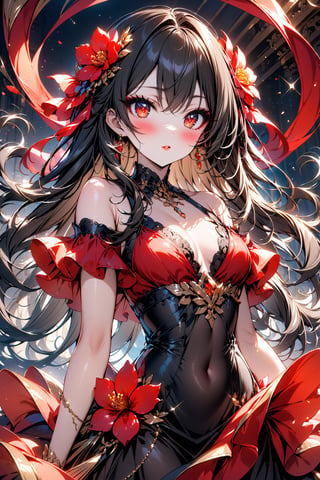 masterpiece, best quality, 1girl, red eyes , long hair, black_hair, red eyeshadow, makeup, thick eyelashes, blush, heavy makeup, glam, red_lipstick, cute, pretty face, heavy eyeliner, more eyeshadow, bright_pupils, Plunging_neckline, dress, sun dress, flowing dress, flower print, sun_dress, titty_buds, flat_chested, off_shoulder, long_dress, exposed_navel, exposed_midriff, bare_midriff, flowing dress, puffy