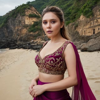 photograph by Annie Leibovitz, face of Elizabeth Olsen, dark eyes, brunette hair pulled back, full lips, Magenta Pink Readymade Lehenga embellished with Zariwork embroidery in Velvet fabric Accompanied with an Readymade blouse and dupatta and sunglasses poses for a future fashion show, she stands on empty beach with pristine mountane staircases behind her, clean background, staring at the viewer, light, professionalism, surreal, futurism, figurative and abstract forms highly impact perspective hyper detailed:1.5, masterpiece, 8 K, photorealistic, (Elizabeth Olsen realistic face:1.5), realistic skin