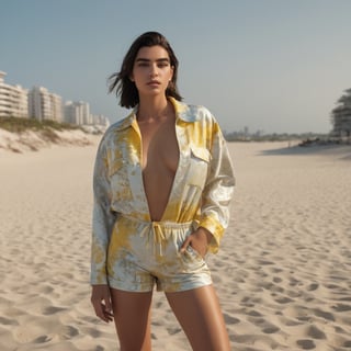 photograph by Annie Leibovitz, face of Dua Lipa, dark eyes, brunette hair pulled back, full lips, MELLOW YELLOW TIE DYE GEORGETTE kutra pyjama and sunglasses poses for a future fashion show, she stands on empty beach with effiel tower behind her, clean background, staring at the viewer, light, professionalism, surreal, futurism, figurative and abstract forms highly impact perspective hyper detailed:1.5, masterpiece, 8 K, photorealistic, (dua lipa realistic face:1.5), (beautiful thin face:1.3), realistic skin