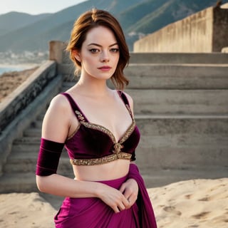 photograph by Annie Leibovitz, face of Emma Stone, dark eyes, brunette hair pulled back, full lips, Magenta Pink Readymade Lehenga embellished with Zariwork embroidery in Velvet fabric Accompanied with an Readymade blouse and dupatta and sunglasses poses for a future fashion show, she stands on empty beach with pristine mountane staircases behind her, clean background, staring at the viewer, light, professionalism, surreal, futurism, figurative and abstract forms highly impact perspective hyper detailed:1.5, masterpiece, 8 K, photorealistic, (Emma Stone realistic face:1.5), realistic skin