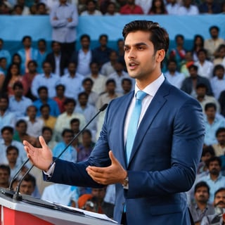 Imagine the following scene:
on a large stage with a podium in the center. A beautiful man speaks into a microphone.
The man is behind the podium, speaking into a microphone, he is a politician in a indian election campaign.
The man is indian, 25yo, with dark brown hair in his hair, muscular, brown eyes, big eyes, long eyelashes, full and red lips.
He wears a navy blue suit, black dress shoes. sky blue tie
His hands are raised, the audience speaks with emotion.
The shot is wide, to capture the details of the scene. best quality, 8K, high resolution, masterpiece, HD, perfect proportions,