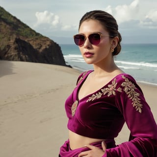 photograph by Annie Leibovitz, face of Elizabeth Olsen, dark eyes, brunette hair pulled back, full lips, Magenta Pink Readymade Lehenga embellished with Zariwork embroidery in Velvet fabric Accompanied with an Readymade blouse and dupatta and sunglasses poses for a future fashion show, she stands on empty beach with pristine mountane staircases behind her, clean background, staring at the viewer, light, professionalism, surreal, futurism, figurative and abstract forms highly impact perspective hyper detailed:1.5, masterpiece, 8 K, photorealistic, (realistic face:1.5), realistic skin