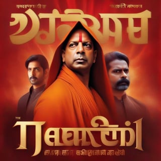 Generate an image of Yogi Adityanath, dressed in a habit and veil, striking a dramatic pose as 'The Top' on the cover of a fictional film. Against a bold, fiery red background, Yogi's stern expression stands out amidst metallic gold lettering reading 'Maverick'. The intricate folds and textures of his attire draw attention to his piercing gaze, with the framing capturing his regal presence in sharp focus.