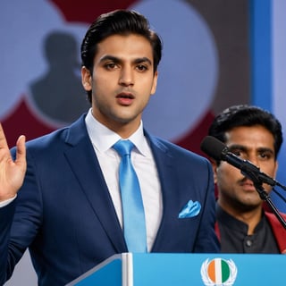 Imagine the following scene:
on a large stage with a podium in the center. A beautiful man speaks into a microphone.
The man is behind the podium, speaking into a microphone, he is a politician in a indian election campaign.
The man is indian, 25yo, with dark brown hair in his hair, muscular, brown eyes, big eyes, long eyelashes, full and red lips.
He wears a navy blue suit, black dress shoes. sky blue tie
His hands are raised, the audience speaks with emotion.
The shot is wide, to capture the details of the scene. best quality, 8K, high resolution, masterpiece, HD, perfect proportions,