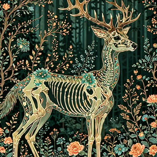 A majestic deer with intricate blue floral patterns adorning its skeletal structure. The deer stands amidst a serene forest backdrop, surrounded by various trees, flowers, and butterflies. The color palette is dominated by soft pastels, with the deer's skeleton being the most prominent feature, contrasting beautifully with the floral elements.