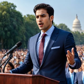 Imagine the following scene:

on a large stage with a podium in the center. A beautiful man speaks into a microphone.

The man is behind the podium, speaking into a microphone, he is a politician in a presidential campaign.

The man is indian, 25yo, with dark brown hair in his hair, muscular, brown eyes, big eyes, long eyelashes, full and red lips.

He wears a navy blue suit, black dress shoes. sky blue tie

His hands are raised, the audience speaks with emotion.

The shot is wide, to capture the details of the scene. best quality, 8K, high resolution, masterpiece, HD, perfect proportions, perfect hands.