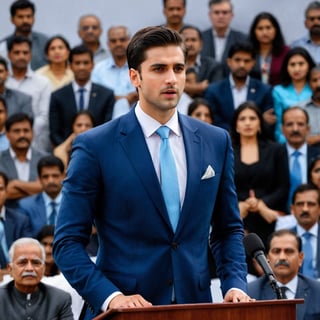 Imagine the following scene:
on a large stage with a podium in the center. A beautiful man speaks into a microphone.
The man is behind the podium, speaking into a microphone, he is a politician in a indian election campaign.
The man is indian, 25yo, with moderate to tall height, dark brown hair in his hair, muscular, brown eyes, big eyes, long eyelashes, full and red lips.
He wears a navy blue suit, black dress shoes. sky blue tie
His hands are raised, the audience speaks with emotion.
The shot is wide, to capture the details of the scene. best quality, 8K, high resolution, masterpiece, HD, perfect proportions,