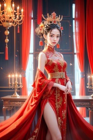 1 beautiful sexy chinese young girls, sensual, sexsuality, classic chinese Ching Dynasty dressing, looking at viewer, detailed background ,inside the king's palace of the forbiden city, dragon decoration, luxury furnitures and chinese palace decoration, dragon furniture, chinese palace dress, 16K, HD, Nice legs and hot body, side dim lights,