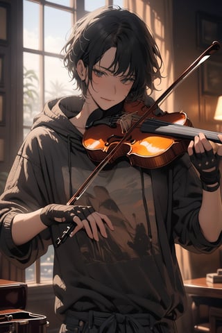 ("masterpiece, best quality"), 4k, high definition, incredibly detailed, 1 boy, solo, short hair, facing the viewer, black eyes, holding a violin, (black hair), cowboy shot, loose-fitting clothes, black shirt, hood, fingerless gloves, Playing the violin, lips, hoodie, aesthetic portrait, short hair,a few strands of hair sticking up,the overall picture is bright,only one straight violin tuning peg.