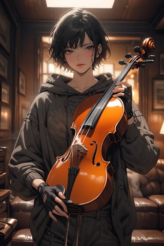 ("masterpiece, best quality"), 4k, high definition, incredibly detailed, 1 boy, solo, short hair, facing the viewer, black eyes, holding a violin, (black hair), cowboy shot, loose-fitting clothes, shirt, hood, fingerless gloves, holding a violin, lips, hoodie, aesthetic portrait, short hair,a few strands of hair sticking up,the overall picture is brightA straight violin tuning peg.