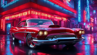 outdoors, no humans, night, ground vehicle, motor vehicle, reflection, car, muscle car, 1950s theme muscle car, vehicle focus, sports car, high quality, bright color, red car, cyperpunk, cyborg, high resolution, high quality, Cyberpunk, cyber car, Cybernetics, Futurism,cyberpunk style,night city, background night.