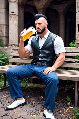 Score_9_up, score_8_up, score_7_up, (1man), mohawk, black hair, beard, he is wearing leather vest and blue jeans shorts, post-apocalypse, stiting on a bench, drinking beer and smoking, ruins, runed metropolis, masterpiece, best quality.