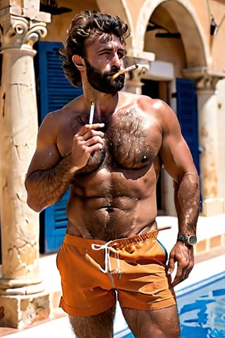 A handsome mediterranean hairy chested fit hunk smoking a cigarette, shirtless, HairyAlpha, hairy-chested, hairy arms, hairy body, hairy legs, masculine, muscled, tanned skin, swimwear