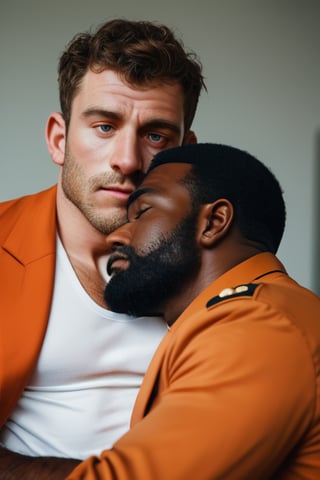 Score_9_up, score_8_up, score_7_up, (2men), rating_explicit, interracial gay couple, two handsome hairy chested fit men, 1man white policeman in uniform, 2man african (black skin) prisoner in orange suit, very hairy-chested, hairy arms, hairy body, hairy legs, masculine, in prison, masterpiece, best quality, hyperrealistic, high quality photoshoot, highly detailed face, highly detailed eyes, big bulges, cuddling