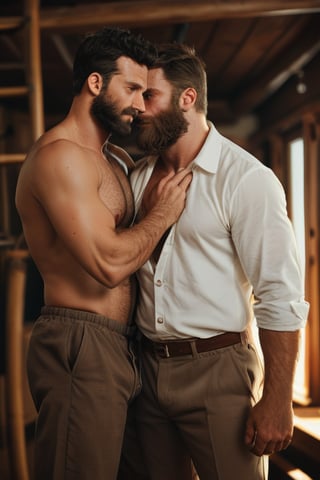 Score_9_up, score_8_up, score_7_up, (2men), rating_explicit, two handsome masculine pirat, prt, open button shirt, hairy chest showing, pirat pants, handsome masculin face, strong jawline, beard, fighting pose, sexy heroic masculinity, hairy-chested, hairy arms, hairy body, hairy legs, masculine, cuddling on a pirate ship, variable pose 