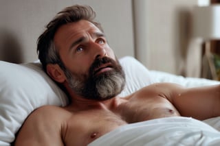 cinematic, stolen shot, male focus, professional HD photo, ((generously proportioned)) mediterranean man, dilf, daddy, 40yo, dad bod, pyjama shorts (noticeable huhe bulge), uncombed, ((hirsute)), (looking at viewer), flirtatious, (messy beard), homoerotic, evening, lying in bed, enjoying it, palms Cinematic, (masterpiece, best quality:1.2), (sharp, detailed:1.2), ultra high res, (best resolution, 8k, UHD, HDR:1.2), RAW