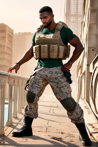 score_9, score_8_up, score_7_up, 1boy, 30 year old, african american man, (brown skin:1.2), handsome man in green military tactical gear, bulletproof vest, BDU fatigues, BDU shirt, army ranger, combat boots, trimmed beard, short black hair, muscled body, concept art, digital art, realistic, wide shot, dynamic pose, hand, 