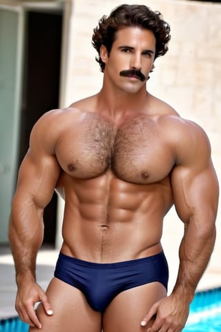 (Full body:1.4), (very low angle:1.5), raw photography of A man standing next to a swimming pool in an old outdoor communal natatorium, (hands resting on his waist:1.2). 35yo, handsome, (head turned to the side:1.2),  well groomed symmetrical  mustache, bodybuilder with flat stomach, strong legs, thick calves, nice big feet,  wearing a swim trunk, (barefoot:1.2), size 14 feet,(hairy body:1.4), hairy stomach , treasure trail,  (hairy chest:1.6), hairy legs, (((very hairy chest))), ((HAIRY body))), Hairy legs, hairy arms, masculine, long curly hair 