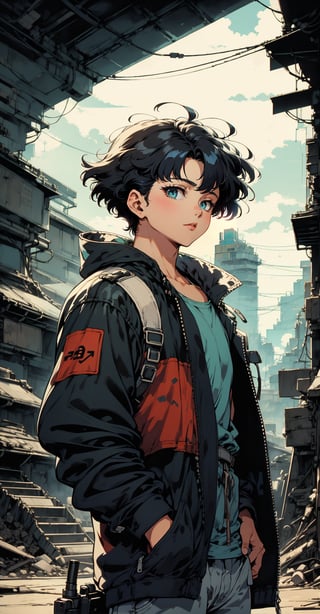 score_9, score_8_up, score_7_up, knva, halftone effect, retro artstyle, 1boy , solo, post-apocalyptic, carrying a rifle, (((short hair with bangs))), ghibli anime style, old 1980 1990 anime