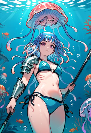 score_9, score_8_up, score_7_up, a ((jellyfish_girl:1.5)), ((jellyfish head:1.5)), jellyfish hair, long_sideburns , (bikini_armor:1.5) , ((holding_polearm)) , siren, underwater, fish_ears, head_fins, extra_arms, (swimming:1.5), scylla, from_below,wide_shot
