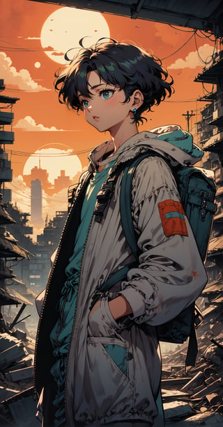 Retro-styled illustration of a lone, short-haired boy with bangs and face and ear piercings, dressed in post-apocalyptic attire, with a small backpack, carrying a rifle with both hands and exuding determination. Against the backdrop of a ruined city, now reclaimed by vegetation, he stands out against the warm orange hues of the setting sun. The halftone effect adds texture, while the Ghibli-inspired anime style captures the nostalgic essence of 1980s-1990s animation. Solarpunk undertones evoke hope and resilience in the face of desolation.