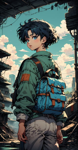 In a warm orange haze, a lone figure emerges against the reclaimed ruins of a city, now teeming with lush vegetation and vibrant greenery. The protagonist, a short-haired boy with bangs and piercings, stands tall, clutching a steel water canteen in his weathered hands. His dark-colored, post-apocalyptic attire is worn but determined expression shines through, framed by the bright blue sky with puffy white clouds. A small backpack adorns his back, symbolizing resilience and resourcefulness, set against the nostalgic charm of retro-illustration reminiscent of 1980s-1990s anime, as he surveys the revitalized landscape with his green eyes.