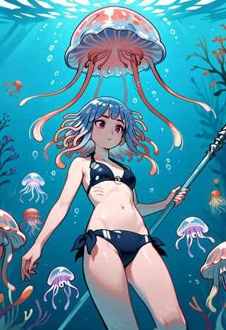 score_9, score_8_up, score_7_up, a ((jellyfish_girl:1.5)), ((jellyfish head:1.5)), jellyfish hair, long_sideburns , bikini armor, ((holding_polearm)) , siren, underwater, fish_ears, head_fins, extra_arms, (swimming:1.5), scylla, from_below,wide_shot
