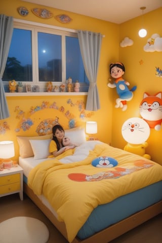 the princess indonesian, asian oriental look face, slepping a bed for relaxing, unclothes, the room with pokemon decoration. and doraemon dolls in the side bed. yellow and orange color lighting. 