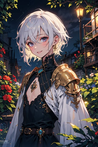 young_person, small_person, androgynous_look, flat_chest, white_hair, shoulder_length_hair, dark_eyes, uncertain_smile, very_slim, very_thin, close_up, fantasy_clothes, victorian_clothes, garden, night, dark_sky, small_body, white_robe, hermaphroditic_look, hermaphrodite, white_clothes, gold_marks, boyish_look, young_boy, tomboy, masculine_lips, masculine_features