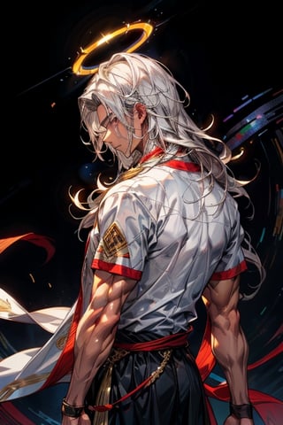 masculine_man, darker_skin, long_white_hair, jewish_clothes, white_clothes, man, golden_accents, left_short_sleeve, vibrant_colours, best_quality, older, muscular_body, long_hair, white_hair, halo_behind_head, jesus, facing_viewer