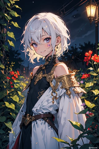 young_person, small_person, androgynous_look, flat_chest, white_hair, shoulder_length_hair, dark_eyes, uncertain_smile, very_slim, very_thin, close_up, fantasy_clothes, victorian_clothes, garden, night, dark_sky, small_body, white_robe, hermaphroditic_look, hermaphrodite, white_clothes, gold_marks, boyish_look, young_boy, tomboy