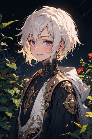 young_person, small_person, androgynous_look, flat_chest, white_hair, shoulder_length_hair, dark_eyes, uncertain_smile, very_slim, very_thin, close_up, fantasy_clothes, victorian_clothes, garden, night, dark_sky, small_body, white_robe, hermaphroditic_look, hermaphrodite, white_clothes, gold_marks, boyish_look, young_boy, tomboy, masculine_lips, masculine_features