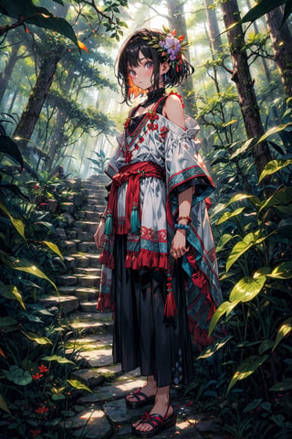 boy, medium hair, flower mayan clothes, short sleeves, bare_shoulders, standing in forest, forest, vibrant_colours, 