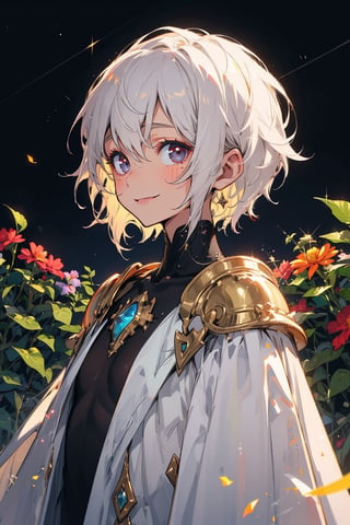 young_person, small_person, androgynous_look, flat_chest, white_hair, shoulder_length_hair, dark_eyes, uncertain_smile, very_slim, very_thin, close_up, fantasy_clothes, victorian_clothes, garden, night, dark_sky, small_body, white_robe, hermaphroditic_look, hermaphrodite, white_clothes, gold_marks, boyish_look, young_boy, tomboy