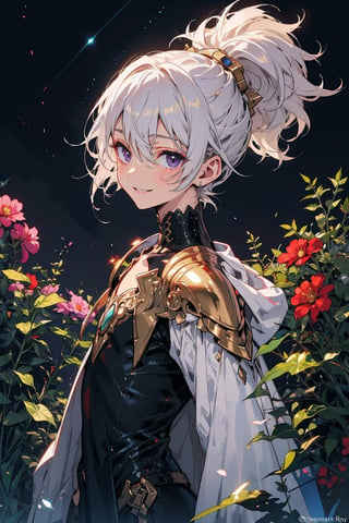 young_person, small_person, androgynous_look, flat_chest, white_hair, shoulder_length_hair, dark_eyes, black_eyes, uncertain_smile, very_slim, very_thin, close_up, fantasy_clothes, victorian_clothes, garden, night, dark_sky, small_body, white_robe, hermaphroditic_look, hermaphrodite, white_clothes, gold_marks, boyish_look, young_boy, tomboy