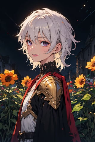 young_person, small_person, androgynous_look, flat_chest, white_hair, shoulder_length_hair, dark_eyes, uncertain_smile, very_slim, very_thin, close_up, fantasy_clothes, victorian_clothes, garden, night, dark_sky, small_body, white_robe, hermaphroditic_look, hermaphrodite, white_clothes, gold_marks, boyish_look, young_boy, tomboy, masculine_lips, masculine_features