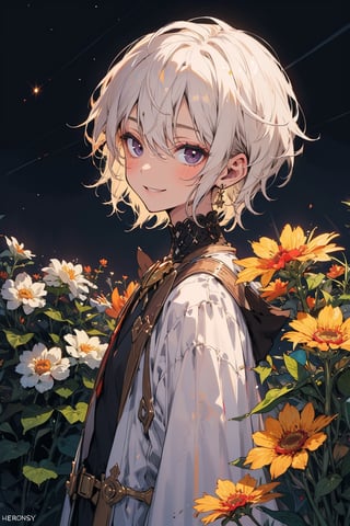 young_person, small_person, androgynous_look, flat_chest, white_hair, shoulder_length_hair, black_eyes, uncertain_smile, very_slim, very_thin, close_up, fantasy_clothes, victorian_clothes, garden, night, dark_sky, small_body, white_robe, hermaphroditic_look, hermaphrodite, white_clothes, gold_marks, boyish_look, young_boy, tomboy