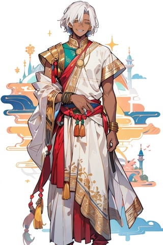 masculine_man, darker_skin, long_white_hair, indian_clothes, white_clothes, smile, man, golden_accents, bare_shoulder_left, left_short_sleeve, vibrant_colours, best_quality, indian_town_background, older