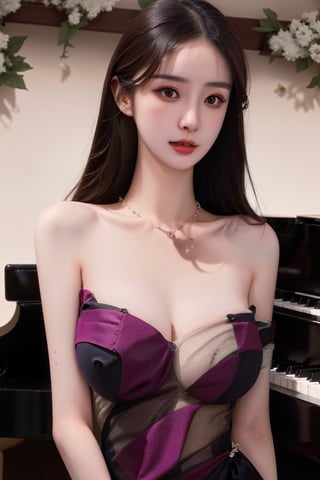 (Masterpiece, best quality, realistic, high resolution, 8K original) 19 years old Asian girl, beautiful real face, real skin, beautiful eyes, beautiful body, beautiful girl, detailed face, detailed hands, Glossy lips, sexy lips, long hair draped over the left shoulder, playing the piano, big breasts, detailed and realistic solemn clothing, makeup, looking at the audience, standing, bright background, woods, flowers, coat, business attire, cygnet necklace, multi-color Professional attire, multi-color suit, real and clear, beautiful breasts,