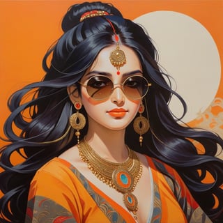 painting of a striking 1girl, solo, long hair, simple background, black hair, jewelry, smoking, upper body, earrings, necklace, bracelet, sunglasses, kurta, ring, orange background , soulful eyes, 