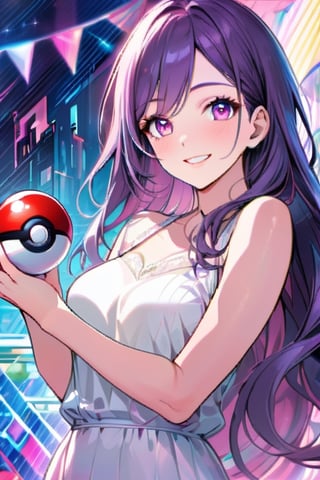Highly detailed, high quality, masterpiece, beautiful, dark purple hair, long hair: 1. 2,  pink eyes,  holding a pokeball, hot, smile, looking at front,happy, wallpaper, pokemon theme