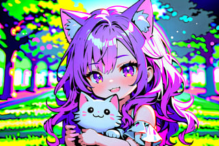 Highly detailed, high quality, masterpiece, beautiful, purple hair, long hair : 1. 2, smiling, holding a fluffy cat, chibi, 1 girl, white dress, kid, cute, wavy hair, kawaii, cat ears, playing in park

